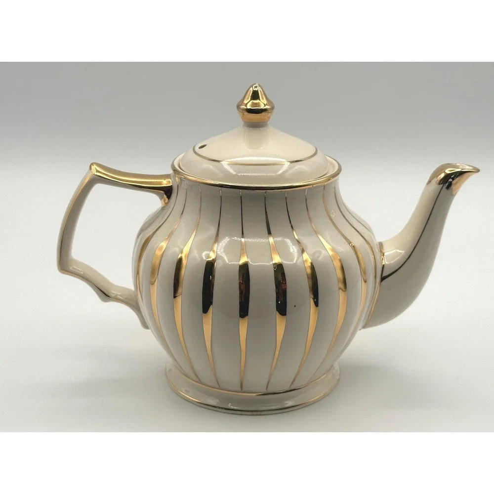 Vintage Sadler Teapot Cream Gold Striped English Porcelain Tea Pot